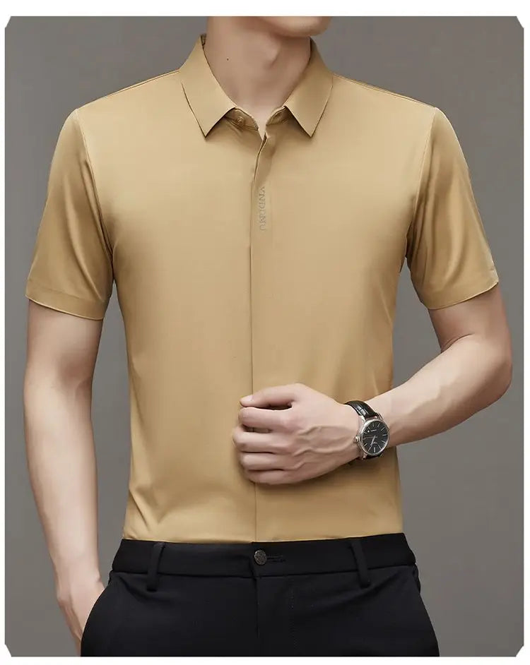 Summer Smart Casual Short Sleeved Men's Shirt Men's Solid Square Neck Button Embroidered Letter High End Wrinkle Resistant Tops