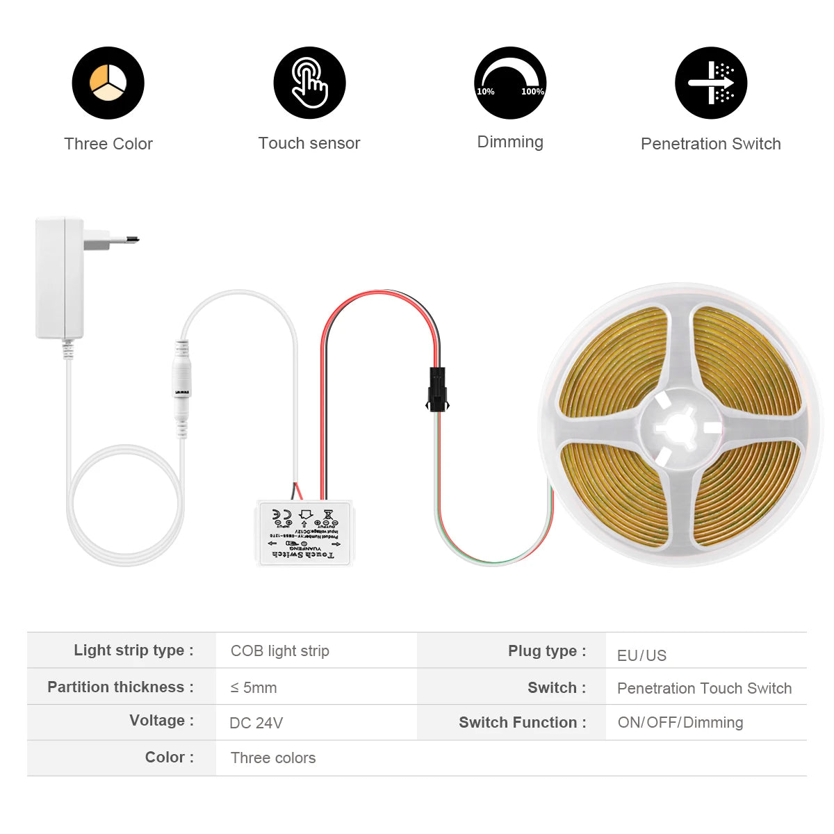 Dresssing Table Makeup Mirror LED Light Strip COB 24V CCT 2700K To 6500K Dimmable Touch Switch Bathroom Vanity Mirror Backlight