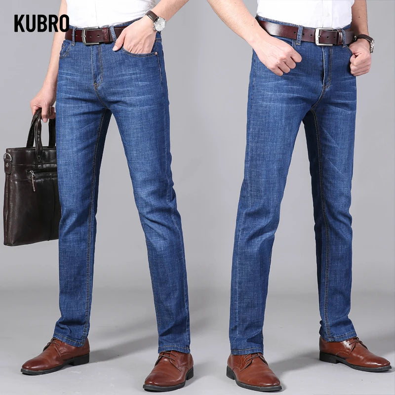 KUBRO Men Business Stretch Men's Jeans Men Korean Fashion Straightleg Versatile Denim Long Loose Pants Trendy Business Trousers