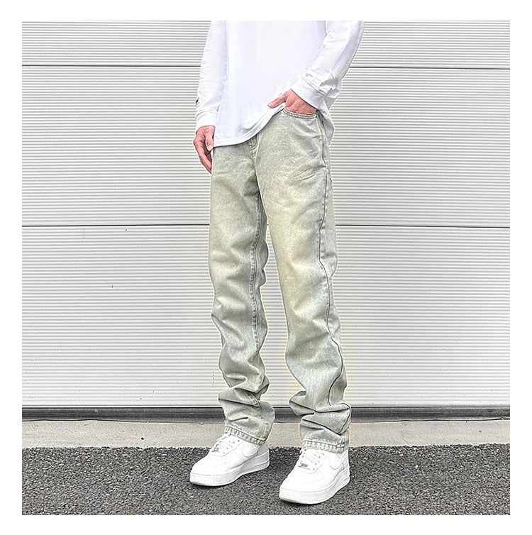 Streetwear Vibe Vintage Distressed Washed Trousers Jeans Yellow Mud Dyed Zipper Split Straight Jeans Men's and Women's Clothing