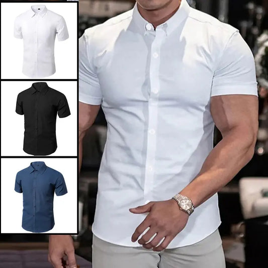 Solid Color Shirt New Summer Men's No-Ironing Shows Figure Casual Stylish Suit Short XL-XXXL Black White Navy Blue