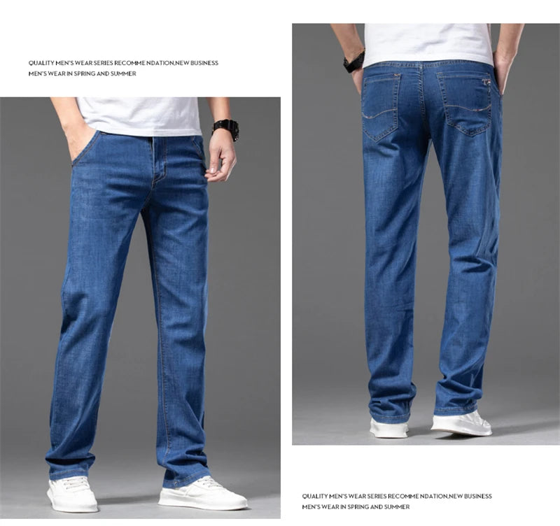 Large Size Men's Stretch Thin Jeans Summer Classic Black Blue Business Casual Straight Denim Pants Baggy Trousers 44 46