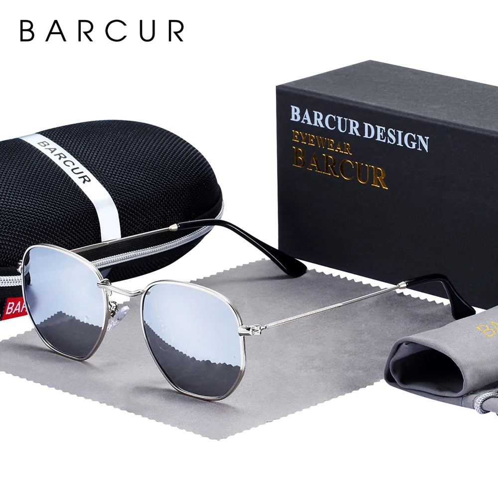 BARCUR Classic Retro Reflective Sunglasses Man Hexagon Sunglasses Metal Frame Eyewear Sun Glasses With Box Oculos De Sol gafas