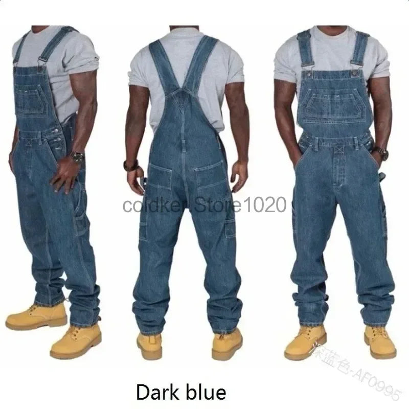 New Men's Denim Overalls Casual Multiple Pockets Loose Splice Straight Rompers Fashion Adjustable Suspenders Jeans For Male