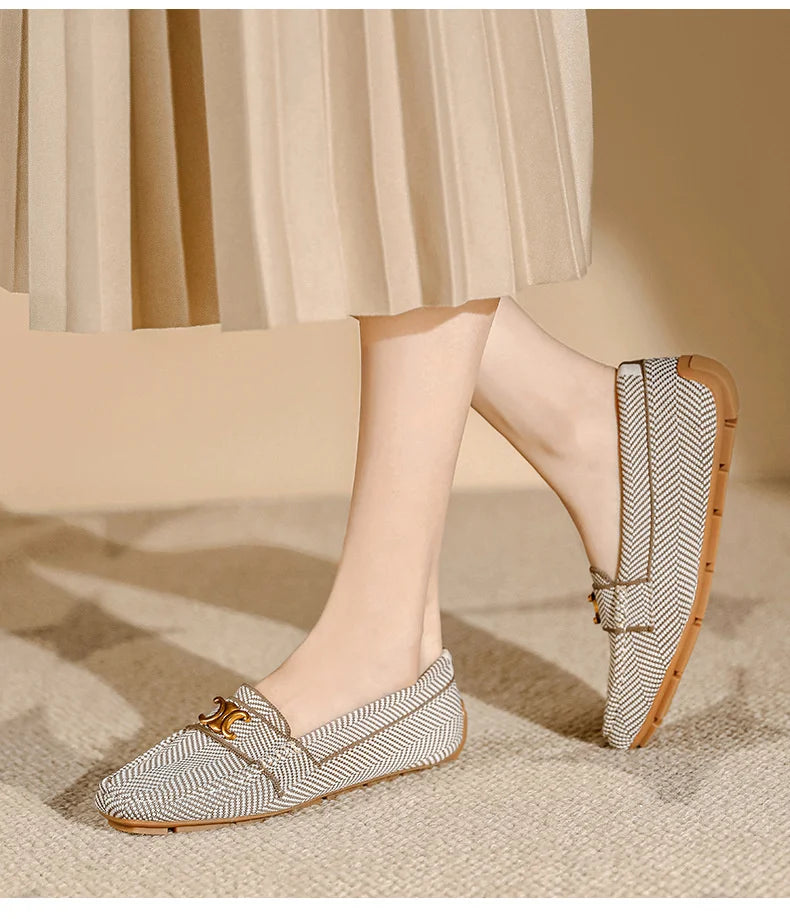 Women's Knitting Square Head Flat Shoes Soft Sole Comfortable Anti slip Casual Bean Causal Shoes 2024 Fashion New Spring