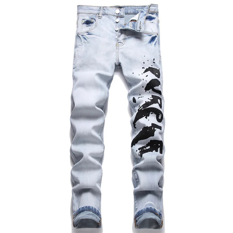 New Fashion Trend Blue Printed Jeans Mid-Waist Stretch Casual Slim Men's Denim Casual Pants