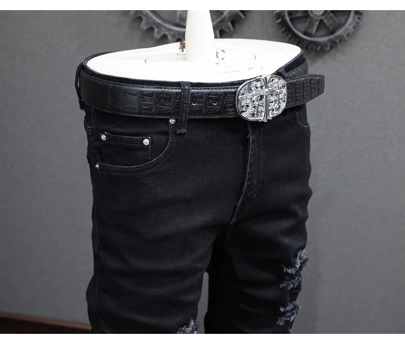 High street fashion new black men's jeans stretch slim fit retro washed embroidered jeans designer hip-hop brand pants hombre