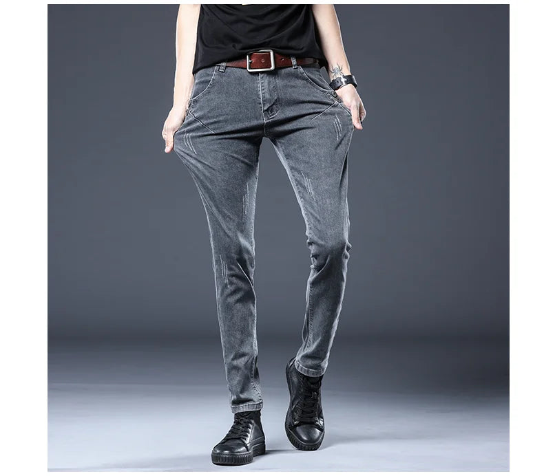 2024 New Gray Jeans Men's Slim Elastic Korean Fashion Vintage Casual Skinny Feet Male Clothing Denim Trousers 27-36