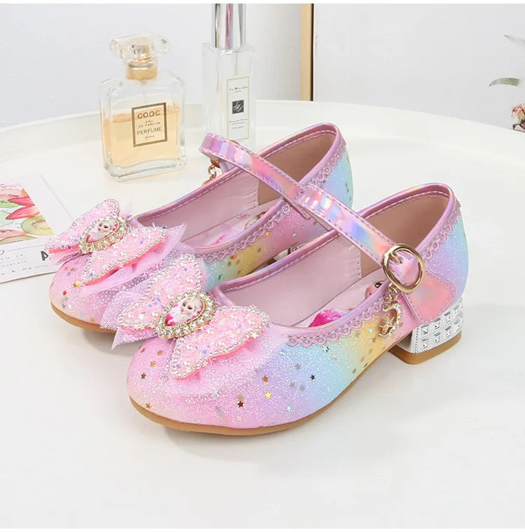 Disney Women Causal Shoes Children's High Heels Princess Elsa Girls' Shiny Rainbow Crystal Leather Pink Blue Shoes Size 23-36