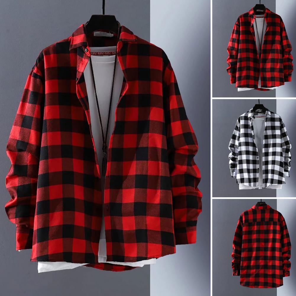 Plaid Shirt Men's Long Sleeve Korean Thin Buttons Men Autumn Mens Spring Casual Shirt Thin Coat Oversize Loose Shirt Cardigan