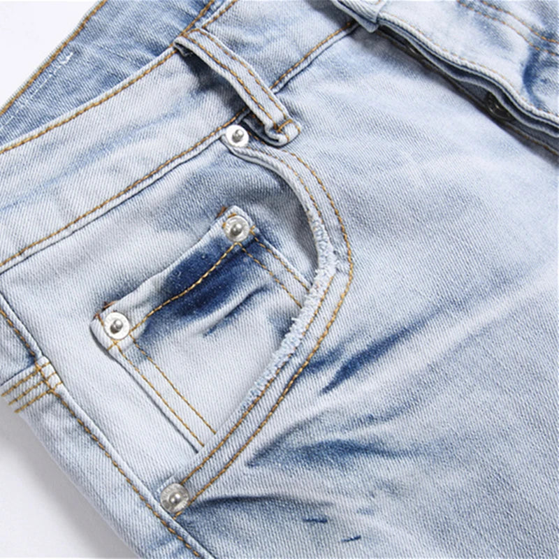 New Fashion Trend Blue Printed Jeans Mid-Waist Stretch Casual Slim Men's Denim Casual Pants