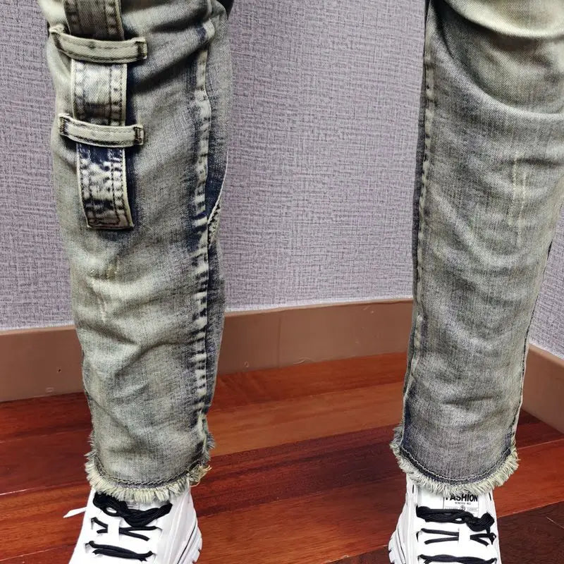 Autumn Winter 2022 New Broken Denim Jean Men's Patch Slim Feet Fashion Retro Cargo Pants Vintage Pantalon Skinny Homme Jeans