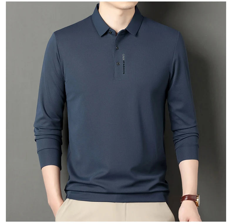 2024 Autumn New Men's Long-sleeved Polo Shirt Business Casual Slim Elastic Top Fashion Classic Solid Color Male Brand Tees