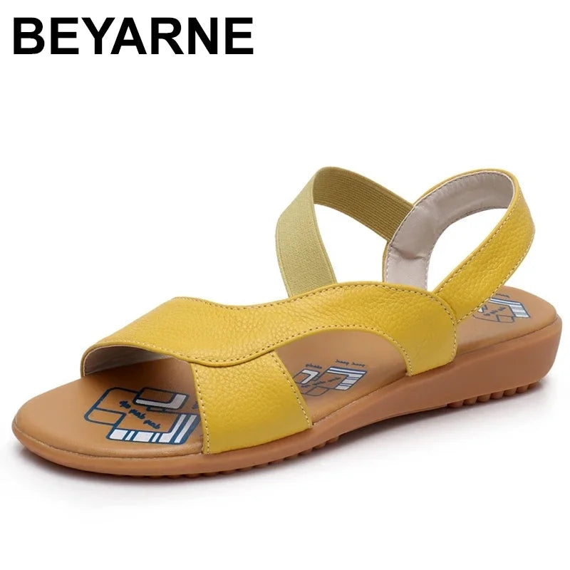 BEYARNE Cow Genuine Leather Sandals Women Flat Heel Sandals Fashion Summer Shoes Woman Sandals Summer Plus Size 34-43