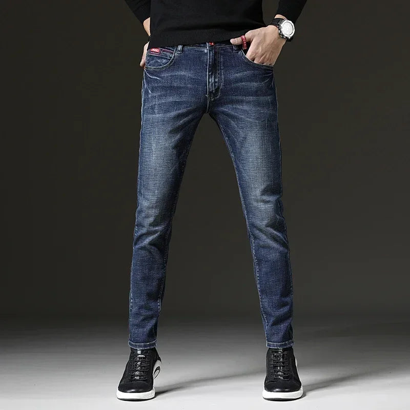 2023 Spring Autumn Men's Blue Jeans Solid Color Micro-elastic Classic Jeans Men Straight Slim Fashion Denim Trousers Male