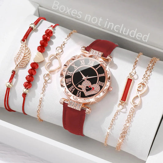 6PCS/Set Women's Watch Fashion Roma Heart Dial Leather Band Quartz Watches Leaf Bracelets Set(Without Box)