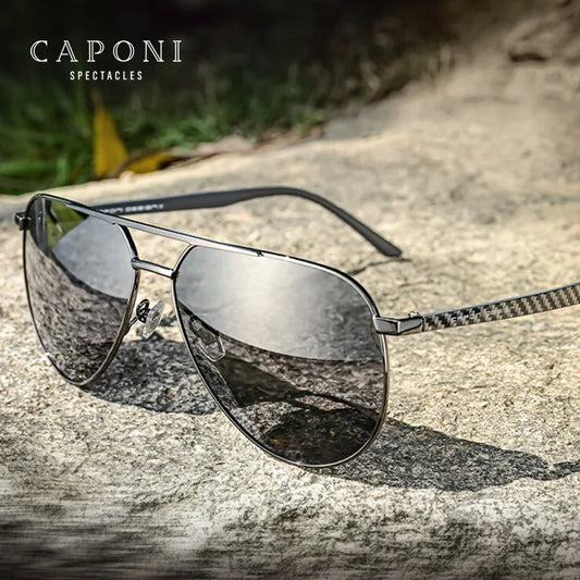 CAPONI Pilot Style Sun Glasses Polarized UV400 Brand Design Light Eyewear Driving Alloy Carbon Fiber Sunglasses For Men BS23862