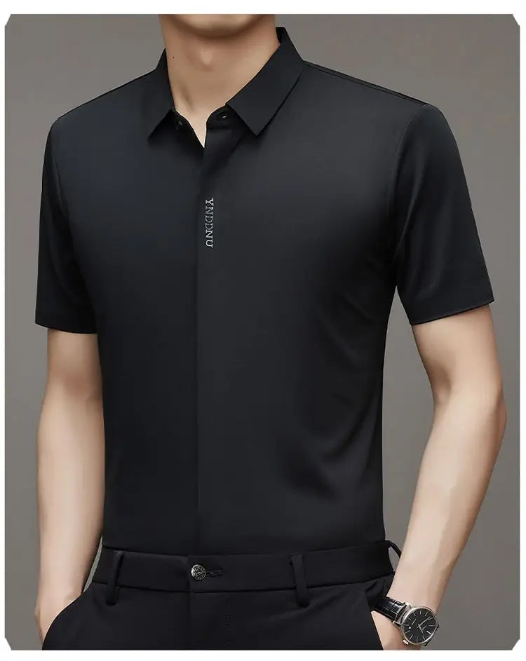 Summer Smart Casual Short Sleeved Men's Shirt Men's Solid Square Neck Button Embroidered Letter High End Wrinkle Resistant Tops