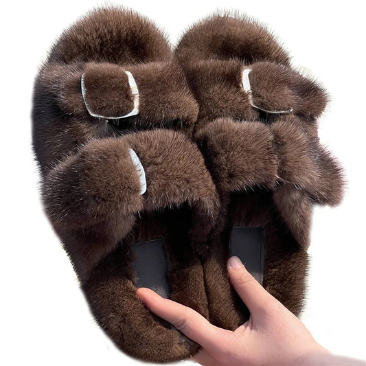 2024 New Women Fur Slippers Shoes Women Warm Winter Natural Fur Shoes For Women Slippers Casual Plush Comfortable Mink Slippers