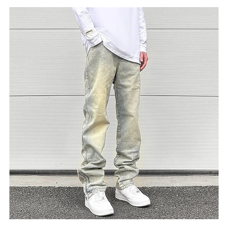 Streetwear Vibe Vintage Distressed Washed Trousers Jeans Yellow Mud Dyed Zipper Split Straight Jeans Men's and Women's Clothing