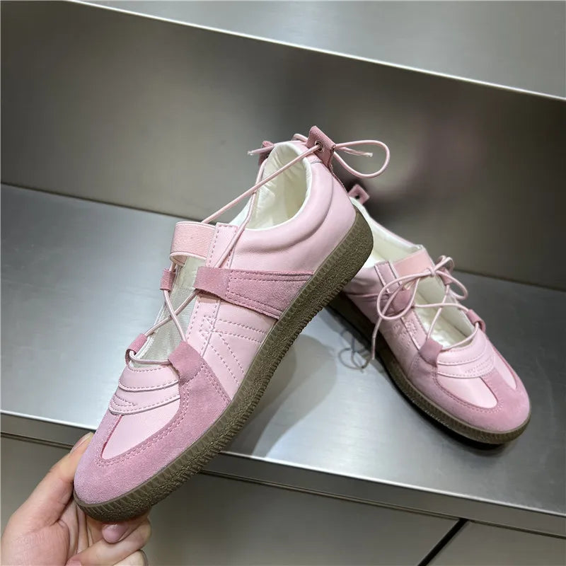 2024 Women Spring Summer New Soft Leather Korea Y2k Designer Casual Ballet Sports Athletic Training Flat Sneakers Female Shoes