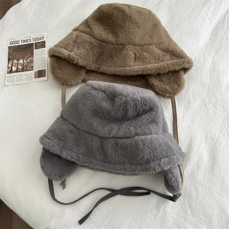 New Korean Fishman Hats Ear Protection Bucket Hats for Women Autumn and Winter Travel Versatile Warm Retro Plush Caps Ins Y2k