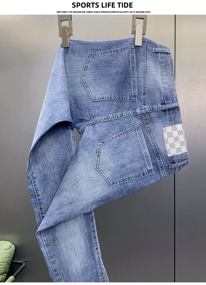 New Jeans Men'S Plaid Print Straight Fit Men'S Pants Blue Fashion Designer Casual Everything With Street Cotton Denim Pants