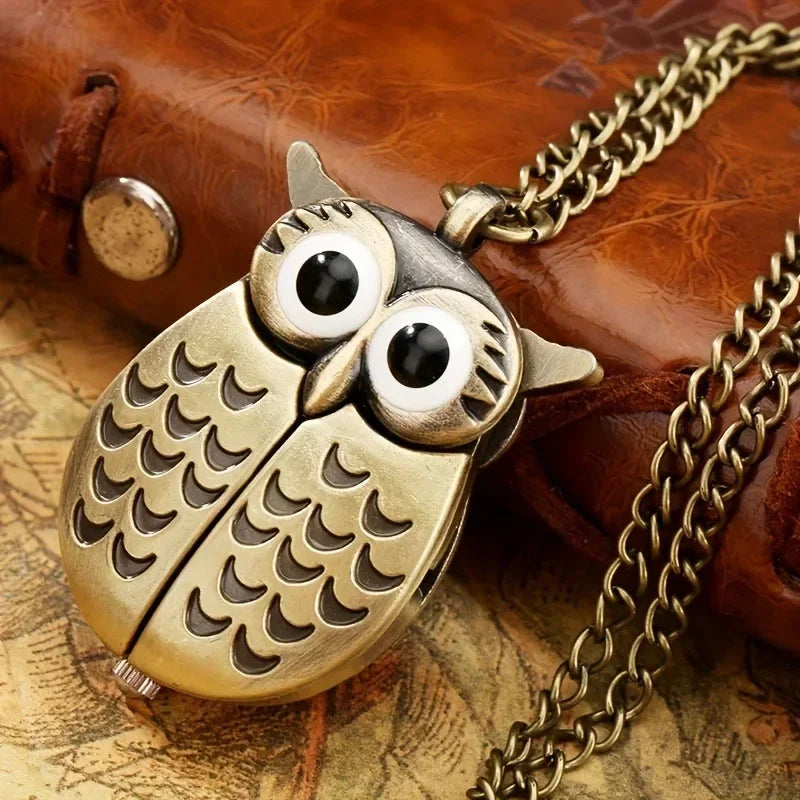 Bronze Owl Creative Pocket Watch Retro Popular Display Quartz Pocket Watch Pendant Clock Men Women Chain Gift