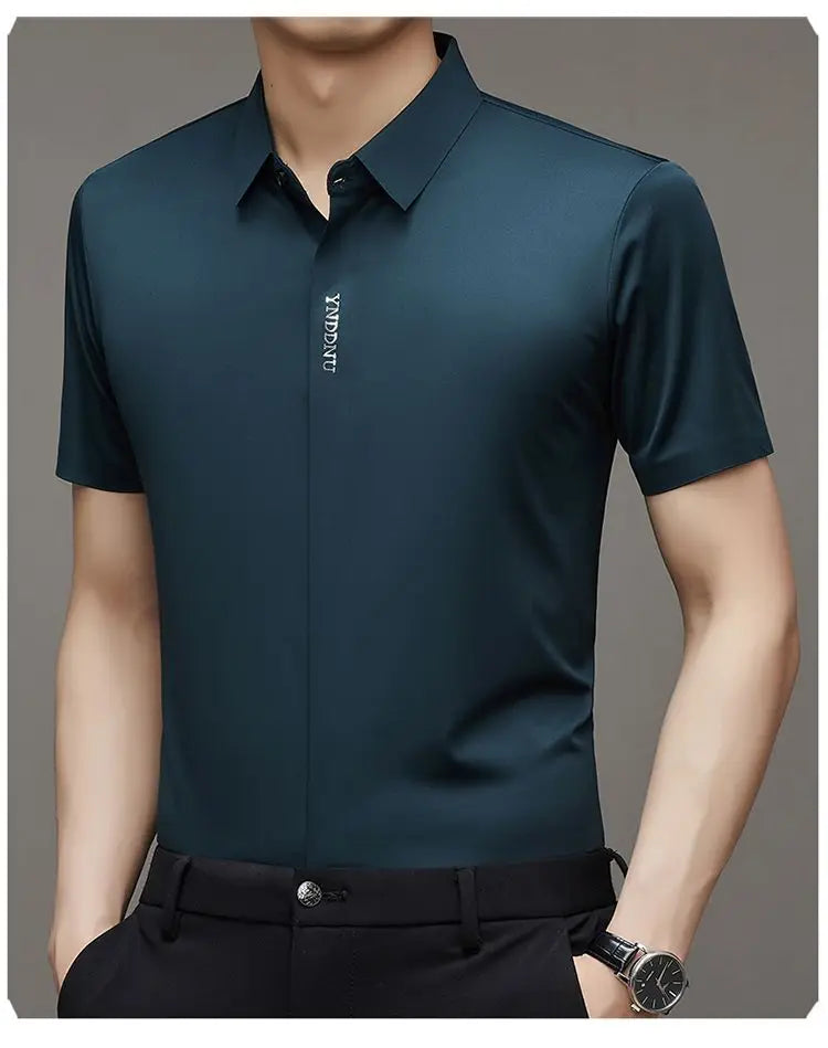 Summer Smart Casual Short Sleeved Men's Shirt Men's Solid Square Neck Button Embroidered Letter High End Wrinkle Resistant Tops