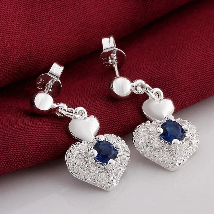 925 Sterling Silver Blue crystal heart pendant necklace earrings Jewelry sets for Woman fashion party wedding accessories gifts