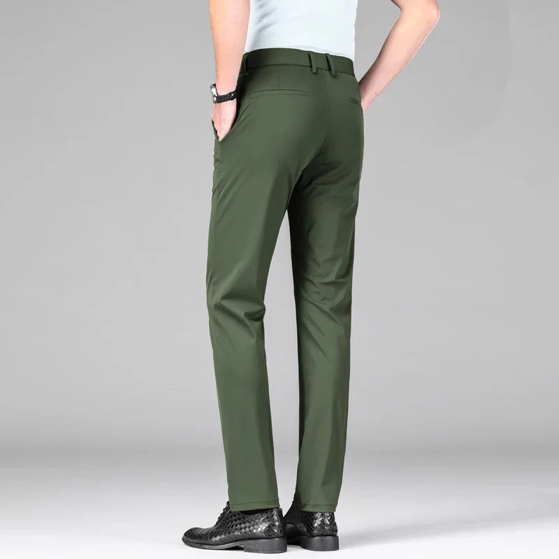 New Summer Men's Ice Silk High Stretch Business Suit Pants Male Army Green Blue Elastic Formal Office Straight Formal Trousers