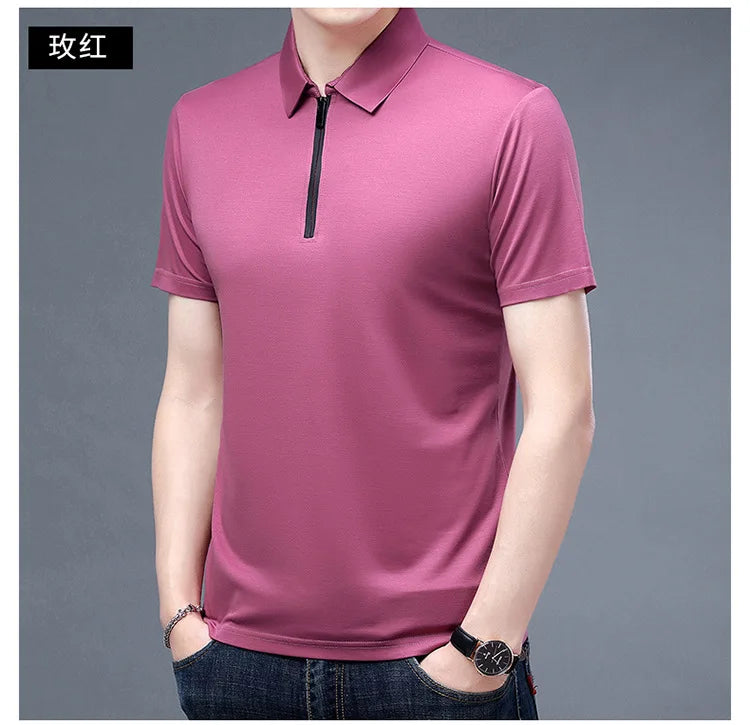 2023 Summer Men's Ice Silk Cool Polo Short Sleeve T-shirt Large Thin T-shirt Short Sleeve Polo Shirt Business Casual Shirt