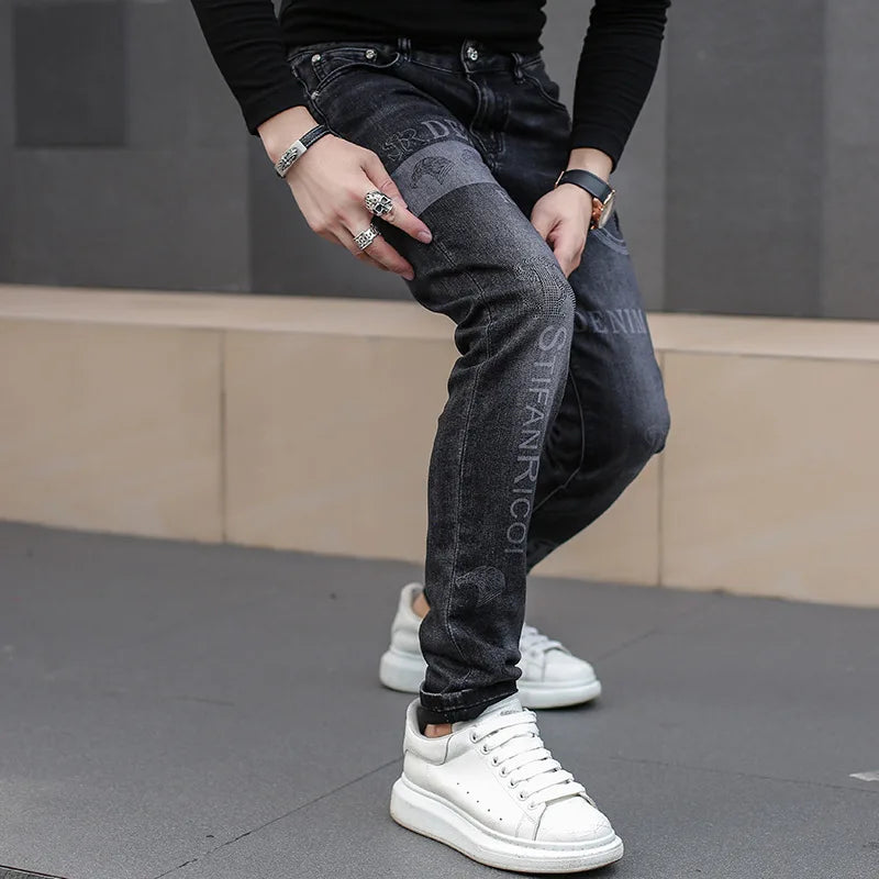 Black Jeans For Men Fashion High Street Slim Printing Denim Man Pants Autumn Stretchy Casual Biker High Quality Men's Clothing