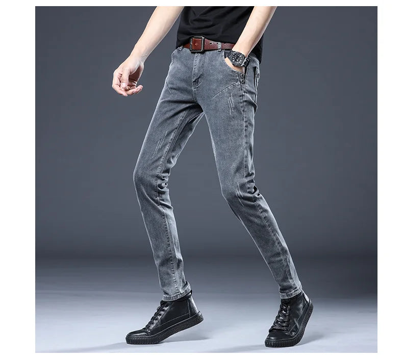 2024 New Gray Jeans Men's Slim Elastic Korean Fashion Vintage Casual Skinny Feet Male Clothing Denim Trousers 27-36