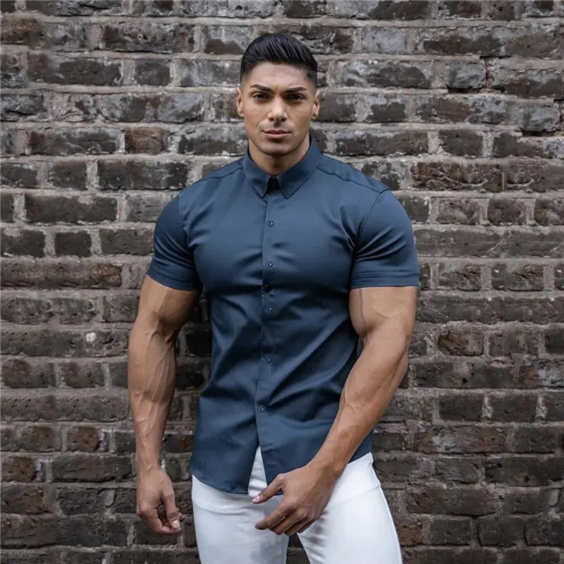 Solid Color Shirt New Summer Men's No-Ironing Shows Figure Casual Stylish Suit Short XL-XXXL Black White Navy Blue