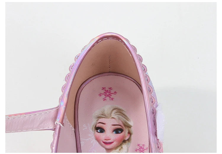 Disney Women Causal Shoes Children's High Heels Princess Elsa Girls' Shiny Rainbow Crystal Leather Pink Blue Shoes Size 23-36