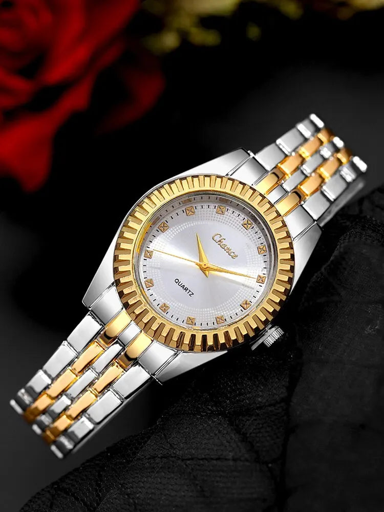 2pcs Women's Fashion Trend Round Steel Band Quartz Watch+Diamond Butterfly Chain Bracelet Set