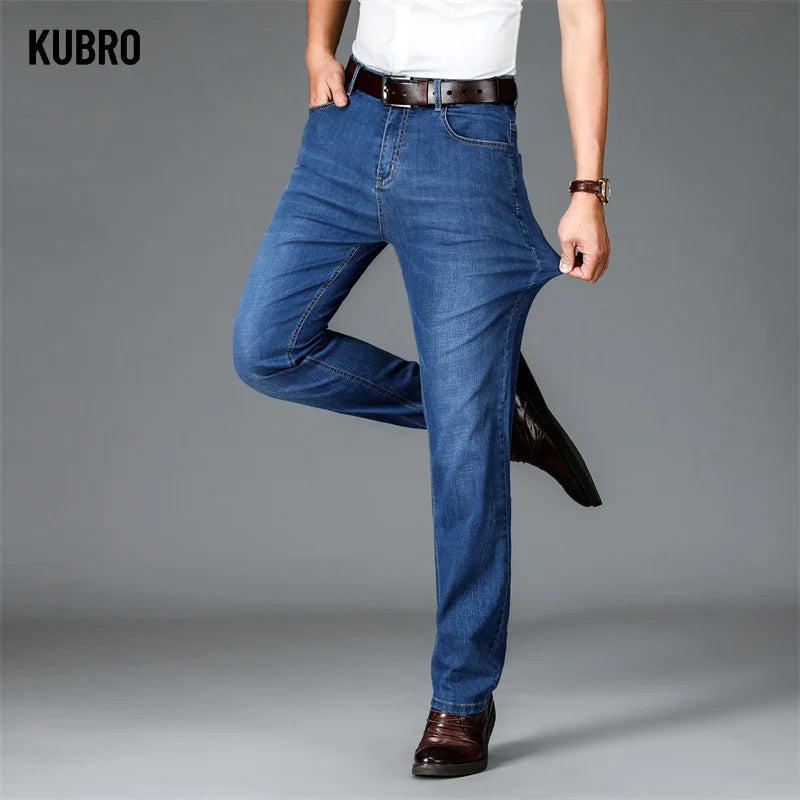 KUBRO Men Business Stretch Men's Jeans Men Korean Fashion Straightleg Versatile Denim Long Loose Pants Trendy Business Trousers