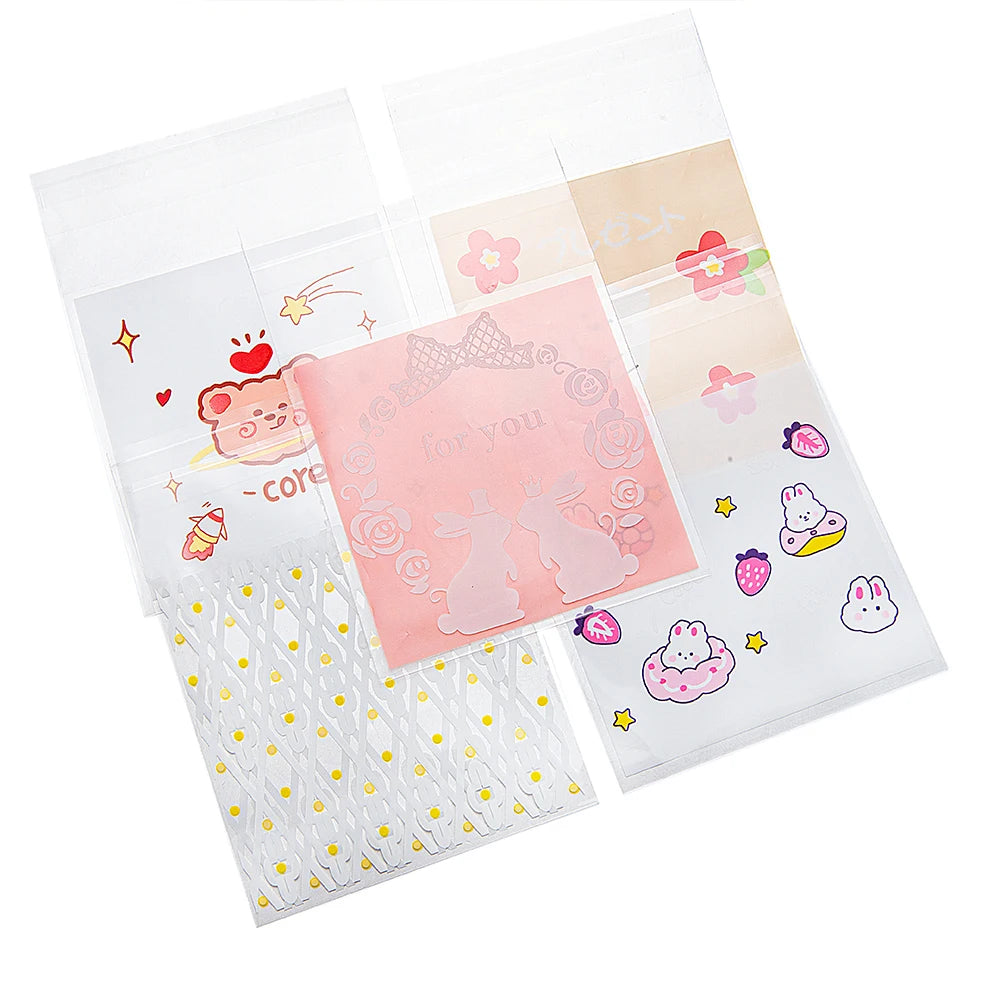 50pcs Cute Cartoon Print Adhesive Bags Transparent Self Sealing Plastic OPP Bags for DIY Jewelry Retail Dispaly & Packaging