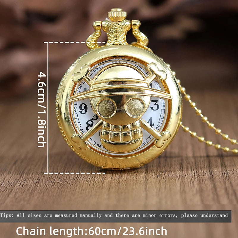 Fashion Gold Skull Head Hollow Out Quartz Pocket Watch with Necklace Chain Pendant Gift for Male Men Vintage Clock