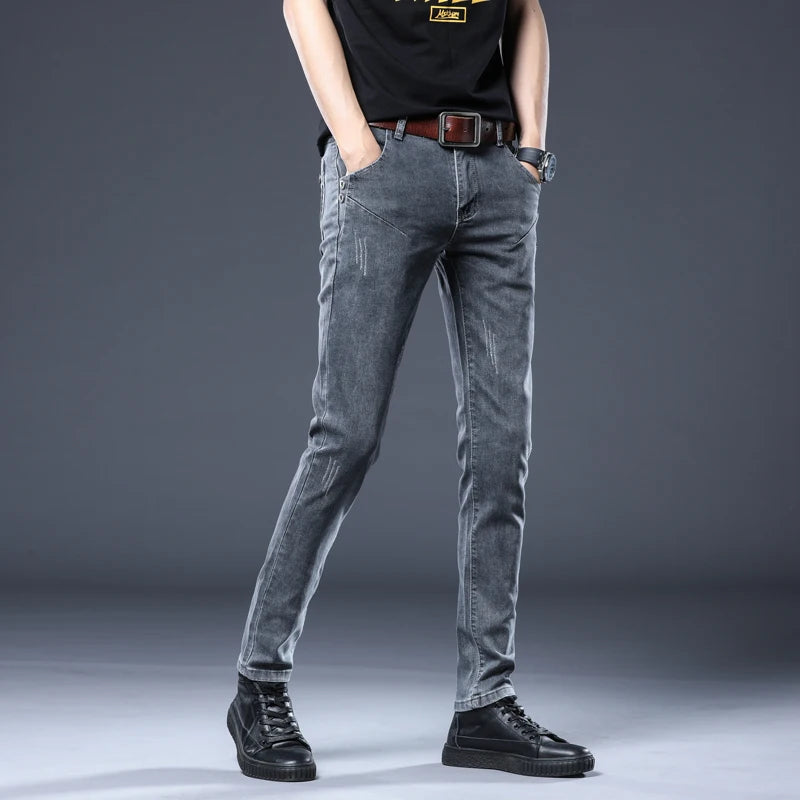 2024 New Gray Jeans Men's Slim Elastic Korean Fashion Vintage Casual Skinny Feet Male Clothing Denim Trousers 27-36