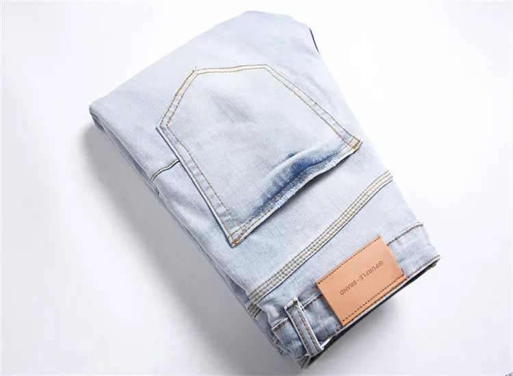 New Fashion Trend Blue Printed Jeans Mid-Waist Stretch Casual Slim Men's Denim Casual Pants