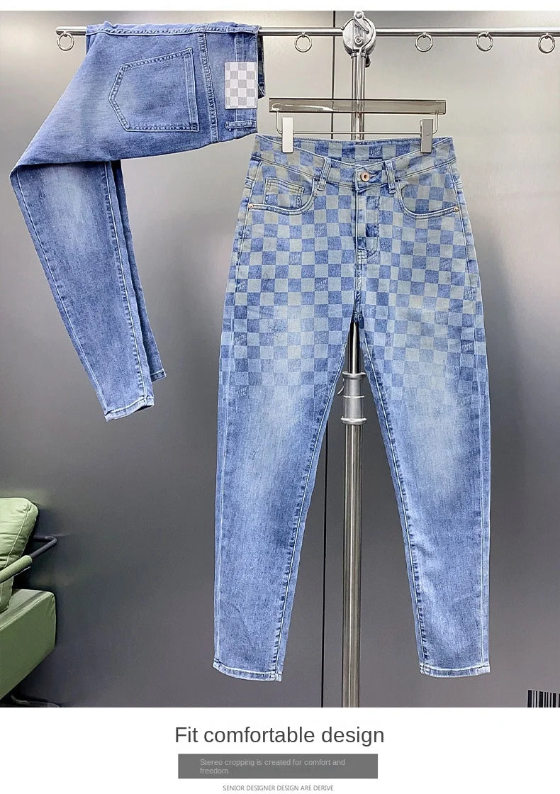 New Jeans Men'S Plaid Print Straight Fit Men'S Pants Blue Fashion Designer Casual Everything With Street Cotton Denim Pants