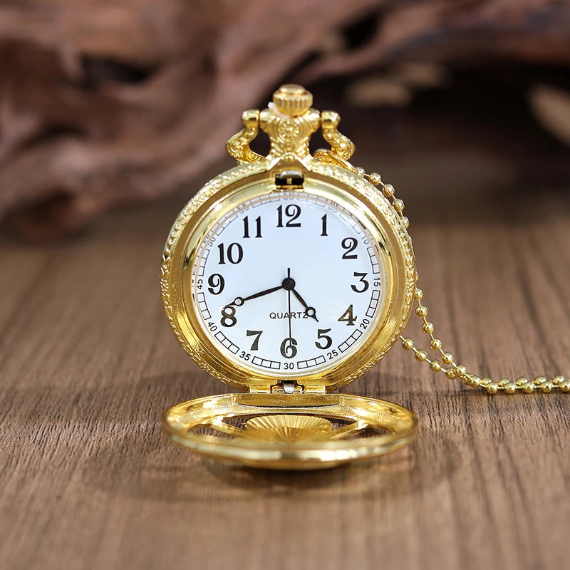 Fashion Gold Skull Head Hollow Out Quartz Pocket Watch with Necklace Chain Pendant Gift for Male Men Vintage Clock