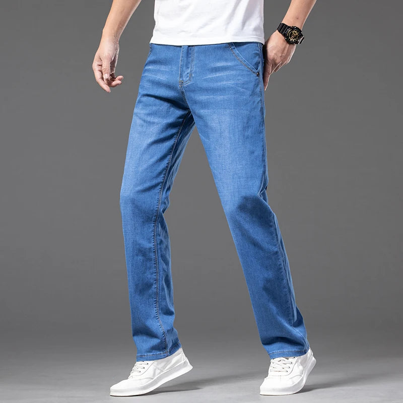 Large Size Men's Stretch Thin Jeans Summer Classic Black Blue Business Casual Straight Denim Pants Baggy Trousers 44 46