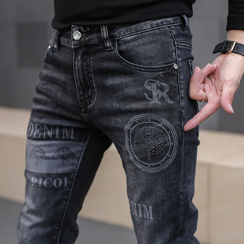 Black Jeans For Men Fashion High Street Slim Printing Denim Man Pants Autumn Stretchy Casual Biker High Quality Men's Clothing