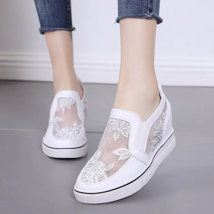 Comfortable Women Loafers Shoes Lace Slip On Walking Shoes White Sneakers Casual Shoes Ballet Flats Platform Shoes Rhinestone