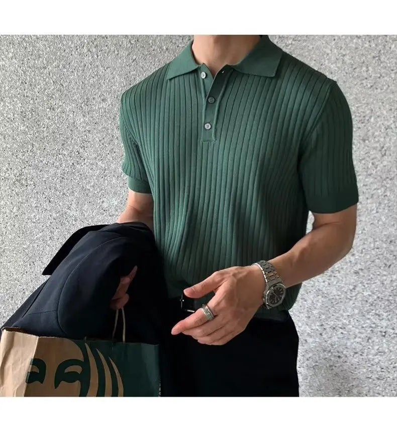 Solid Color Short Sleeve T-Shirt Men Breathable Comfortable 2024 Men's Clothing Knitted Polo Shirt Casual Striped Retro Button