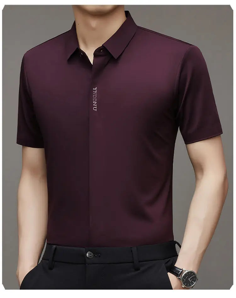 Summer Smart Casual Short Sleeved Men's Shirt Men's Solid Square Neck Button Embroidered Letter High End Wrinkle Resistant Tops