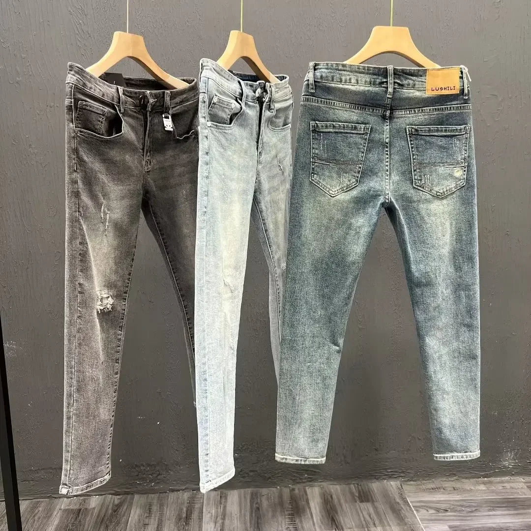 New Style Distressed Vintage Slim Fit Jeans For Men Casual Cropped Pants Elasticity Long Lasting Trendy Youth Denim